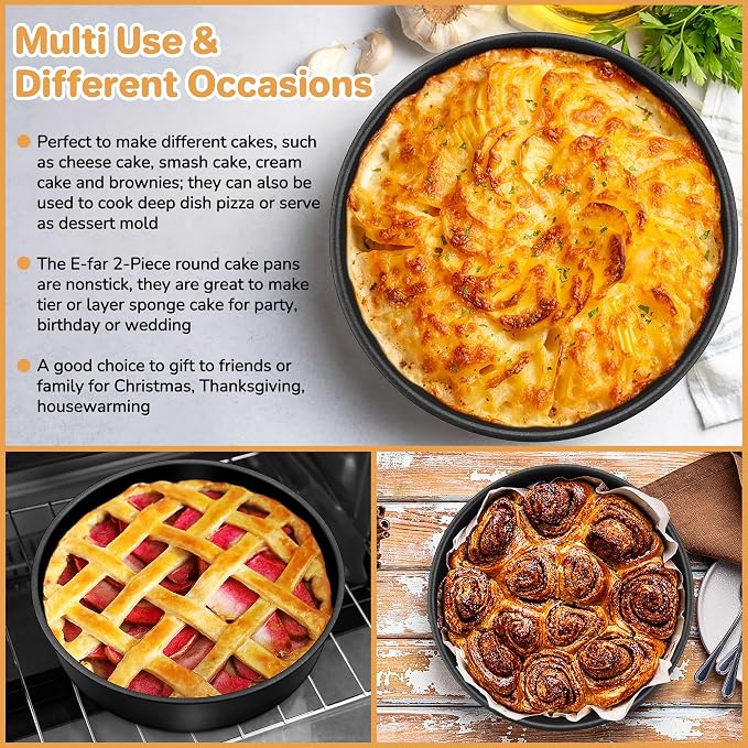 E-far 6x2 Inch Cake Pans Set, 2 Pieces Nonstick Round Cake Pans Tins for Baking Small Birthday Wedding Layer Smash Cakes, Stainless Steel Core & Nontoxic Coating, Straight Side(Black)
