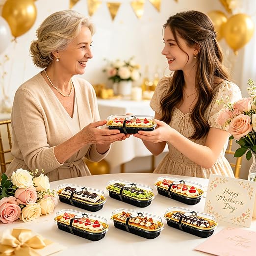 NPLUX 100 Pack Mini Cake Pans with Lids and Spoons Black Gold Rectangular Aluminum Foil Baking Pans Mini Cheesecake Containers, Graduation Gifts Party Favors(6.8oz)