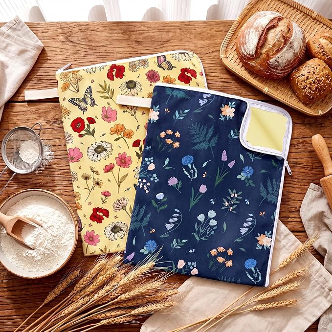 Hahafelt 2 Pack Beeswax Bread Bags with Zipper Seal for Sourdough and Homemade Bread XL Reusable Organic Linen Cotton Beeswax Loaves Food Storage Bag to Keep Fresh(Wildflower)