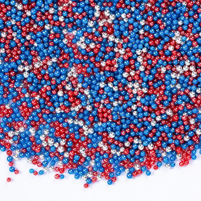 Patriotic Nonpareils Sprinkles,2mm Red Blue and White Pearls for Cake Decorations,July 4th Edible Sprinkle Mix for Baking,130g,Edible Sugar Pearls for Cake Decorating,Cookies,Ice Cream,Fondant Cake,Cupcakes,Desserts,May Day,Memorial Day,Flag Day,Junete...