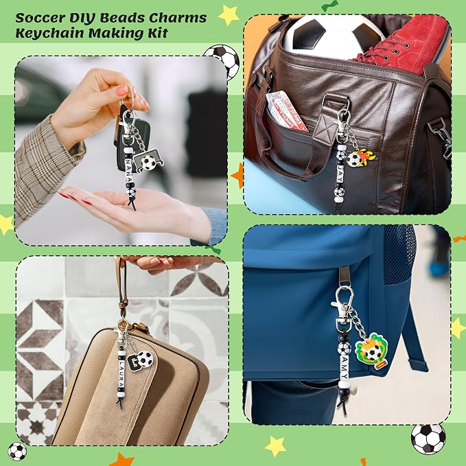 Y1tvei Soccer DIY Keychains Set - Football Beads Charms Making Kit, Create Your Own Bead Keychains with Acrylic and Cards DIY Crafts Bracelet Accessory Gift for Kids Soccer Lover Zipper Bag Hanger Key
