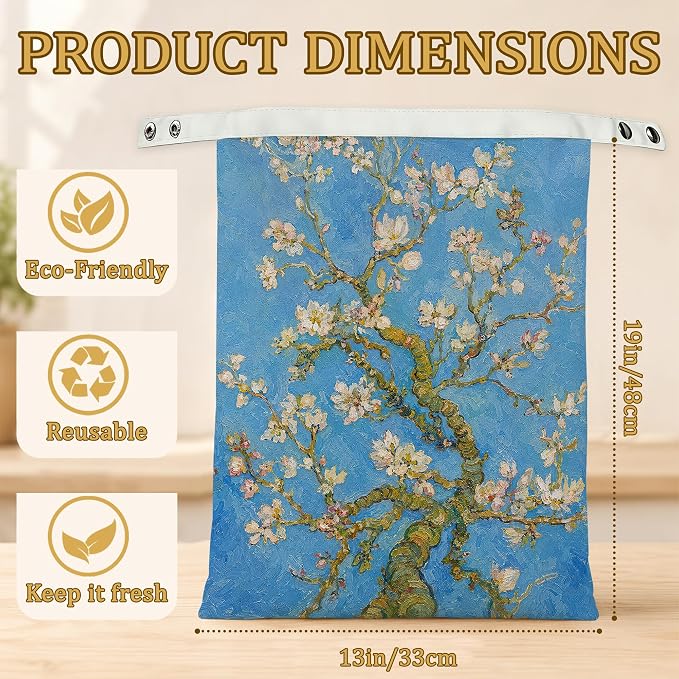 Blossoming Almond Tree Bread Bags for Homemade Bread, 2 Pack Linen and Beeswax Sourdough Storage Bags, Reusable Keeper, Keeps Breads Fresh Longer, Gifts for Bakers
