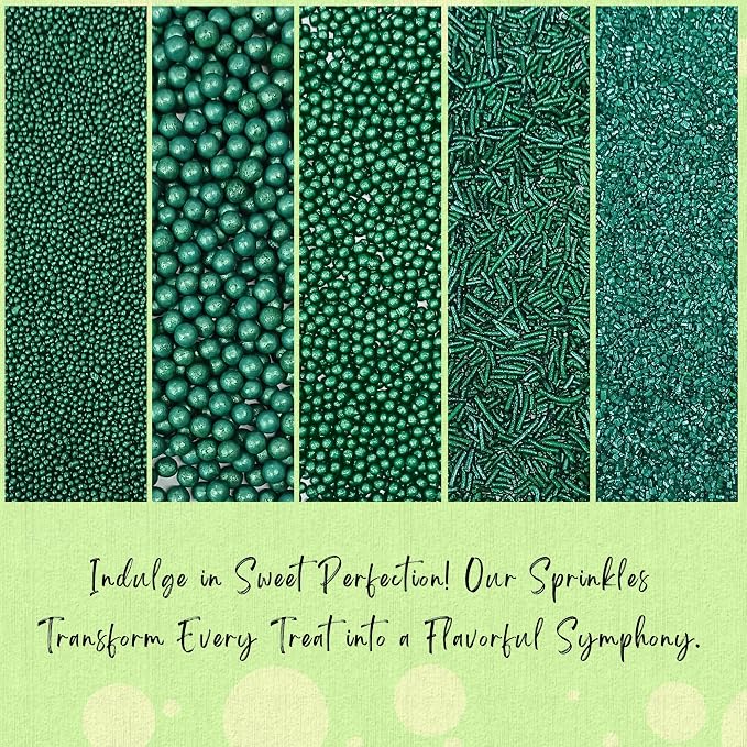 Confect- Sprinkle Holly Green Christmas Sprinkles – Assorted 5-Pack for Cake & Cupcake Decorating | Festive Mix of Holly Green Dragees, Jimmies & Sparkling Sugar | Vegan, Gluten-Free, Nut-Free Edible Holiday Topping - 5 Oz
