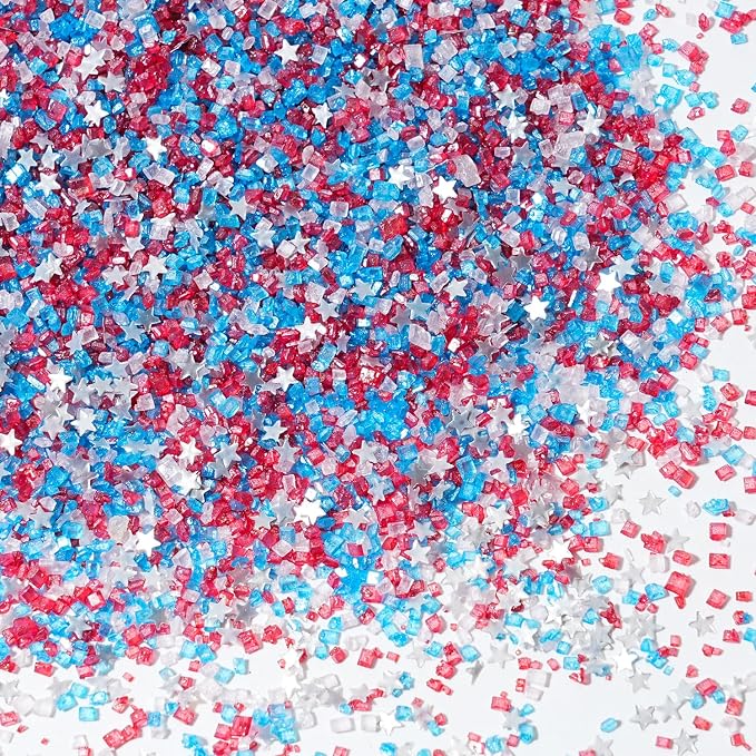 Red White and Blue Sprinkles - Patriotic Sanding Sugar with Silver Edible Glitter Stars for 4th of July Cake Decorating, Cupcake Topper & Baking Supplies 3.5 oz - USA Colors for Independence Day