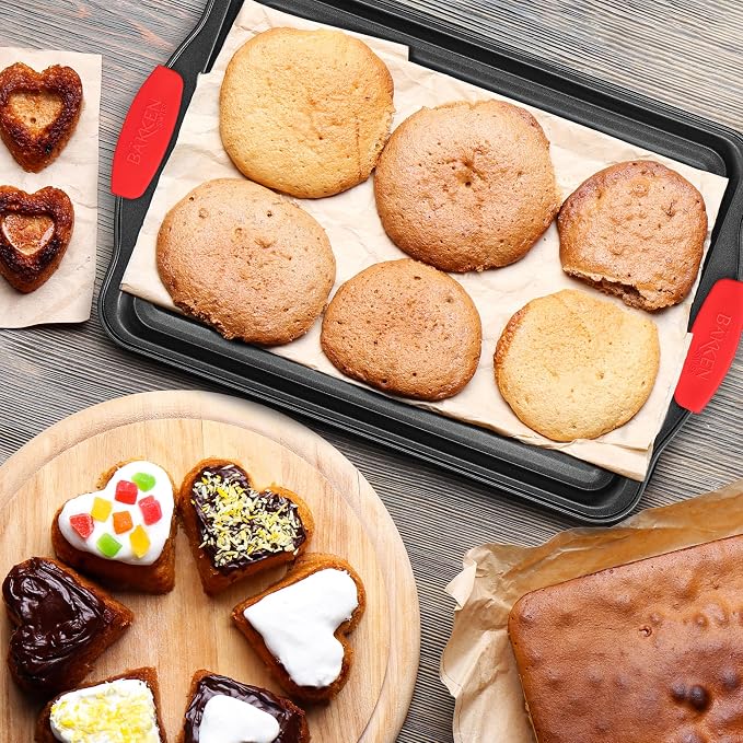 Nonstick Cookie Sheet Pan Carbon Steel Oven Tray Sheet Pan with Red Silicone Handles -Medium Bakeware Pan Tray with Gray Coating Inside & Outside