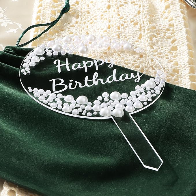 Coucoland Birthday Cake Topper - Round Acrylic Cake Decor with Elegant Pearls for Party Supplies