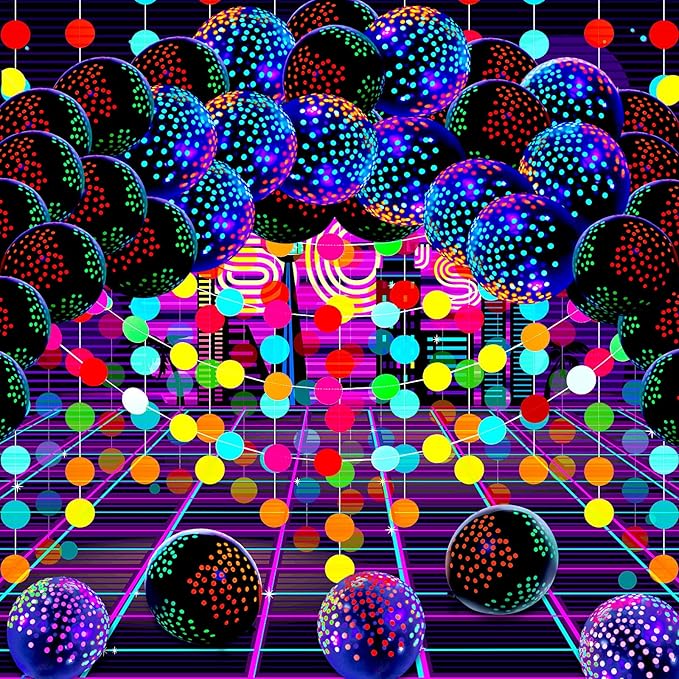 Skylety 32 Pcs Glow in The Dark Party Supplies Neon Party Favors with 25 Fluorescent Balloon 6 Rolls 98.4 ft UV Blacklight Luminous Tape 14.4 ft Neon Streamer Garland for Adults(Bright Dot)