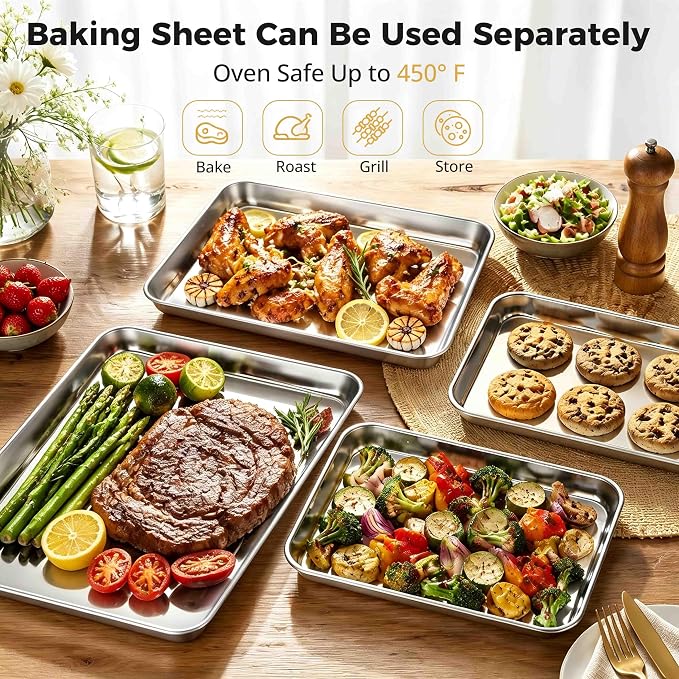 Onader Baking Sheet with Cooling Rack Set, 9¼ x 7 Inch Small Cookie Sheets for Baking, Stainless Steel 1/8 Sheet Pan and Wire Rack Set, Metal Toaster Oven Pan Tray, 1 Pan + 1 Rack