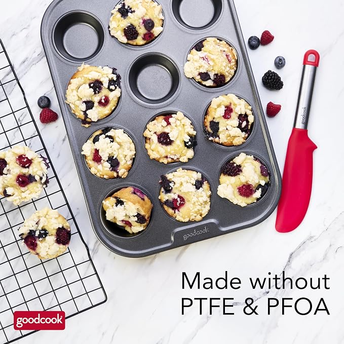 GoodCook PRO Muffin Pan Nonstick Cupcake Pan, Warp & Scratch-Resistant Dishwasher-Safe Carbon Steel Construction for Even Baking with or Without Liners, 12-Cup, Gray
