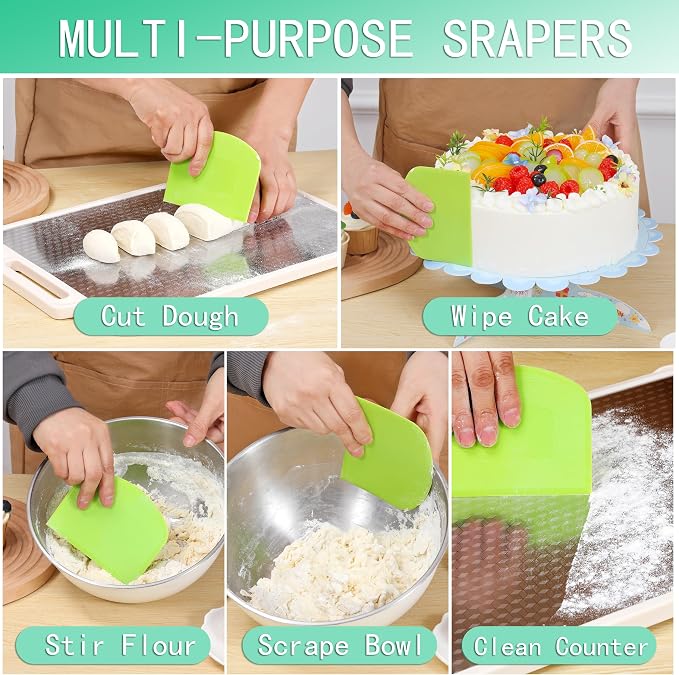 4 Pcs Dough Scraper,Bench Scraper,Multifunctional Kitchen Scraper Tool,for Bread Cake Dough Fondant Icing(White, Green)