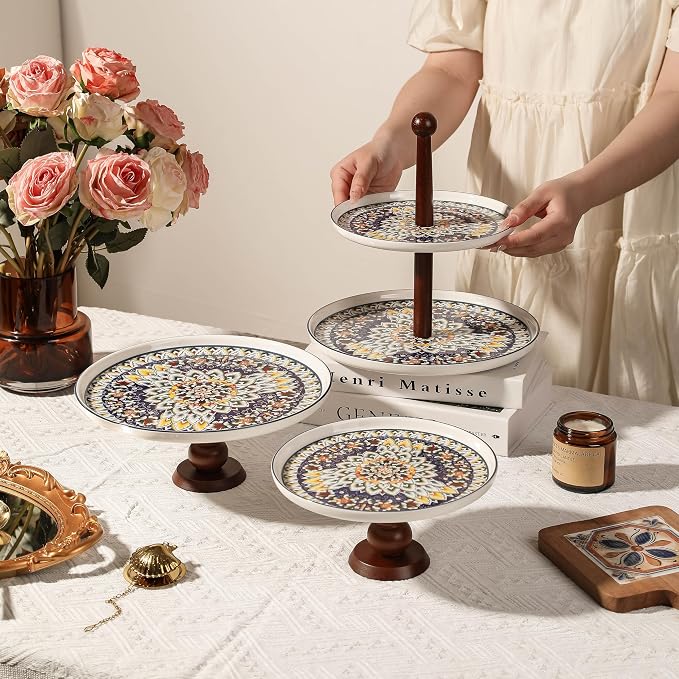 2 Tiered Cupcake Dessert Stand Ceramic, Tiered Serving Cake Stand Bohemian Plates Tray Food Grade Dessert Display Stand, Beautiful Gift for Tea Party, Weddings Parties & Home Décor (Blue)