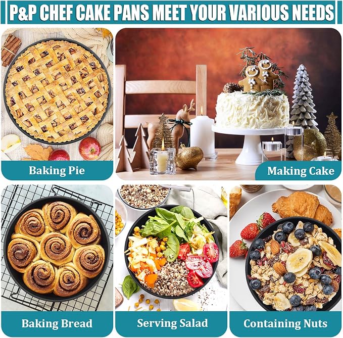 P&P CHEF 6 Inch Cake Pan, Nonstick Round Baking Layer Cake Pans Tins Set for Birthday Wedding, 2.94-Inch Deep Side & One-piece Design, Stainless Steel Core & Easy Clean, Black 4Pcs