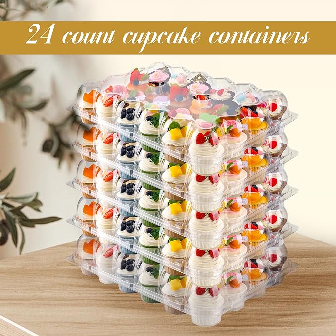 NPLUX 24 Count Cupcake Containers 5 pack Cupcake Holders Plastic Clear Reusable Cupcake Containers with Detachable Tall Dome Lids Stackable Cupcake Boxes for 120 Cupcakes, BPA Free, Standard Size