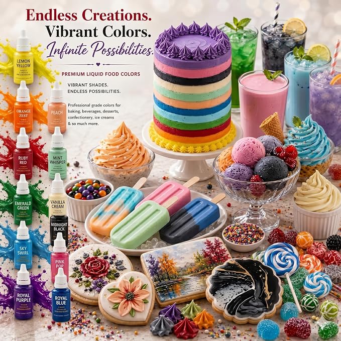 Confect Core Baking Water Color Food Coloring Set – Highly Pigmented Oil Based Food Colors for Cakes, Buttercream, Drinks, Popsicles & Baking – 12 Pack × 10mL