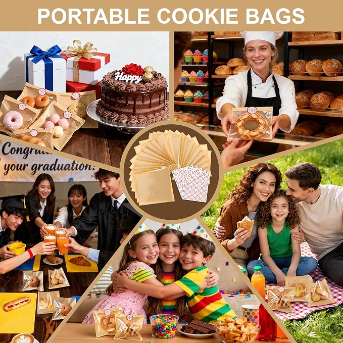 120 Pack Cookie Bags with Seal and Stickers | 5.7 x 6.5 Inch Paper Bakery Bags with Window, Heat-Sealable, Greaseproof Paper Bags Perfect for Treat, Donuts and Scones