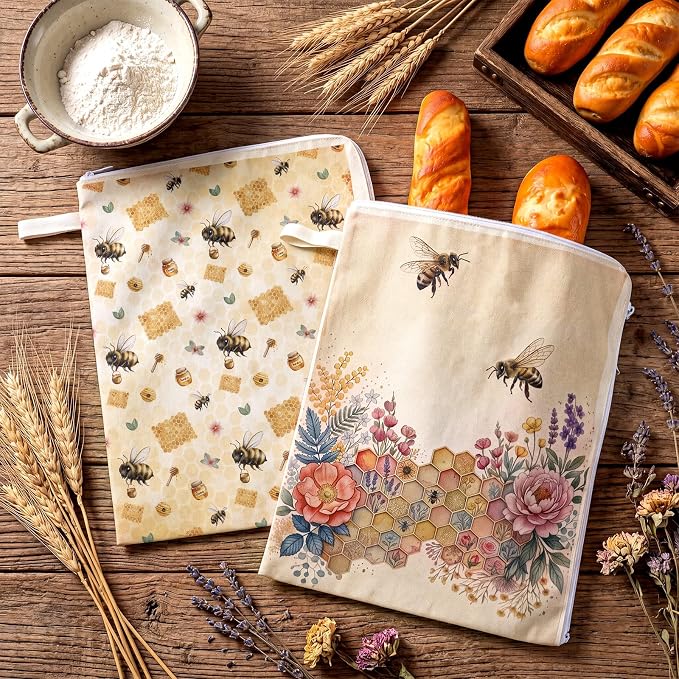Hahafelt 2 Pack Beeswax Bread Bags with Zipper Seal for Sourdough and Homemade Bread XL Reusable Organic Linen Cotton Beeswax Loaves Food Storage Bag to Keep Fresh(Honey)