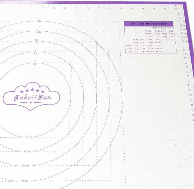 Silicone Pastry Mat Large, 26 x 18 inches. Nonstick Rolling Mat with Measurement Markings in Inches and Centimeters, Conversion Charts, BPA Free, Dishwasher Safe, Heat Resistant to 450°F