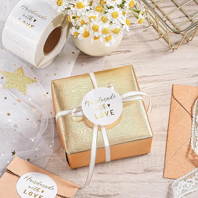 WRAPAHOLIC 2 Inch 500 Total Business Stickers Roll - Gold Foil Handmade with Love Design, Thank You Lables, Shipping Stickers for Party Decorations