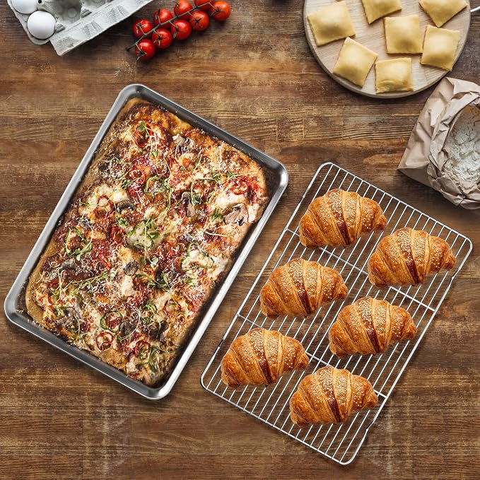 Baking Sheet with Wire Rack Set (1 Baking Pan + 1 Cooling Rack), 16 x 12 x 1 Inch Stainless Steel Cookie Sheet Pan Toaster Oven Tray with Rack, Non-stick & Dishwasher Safe