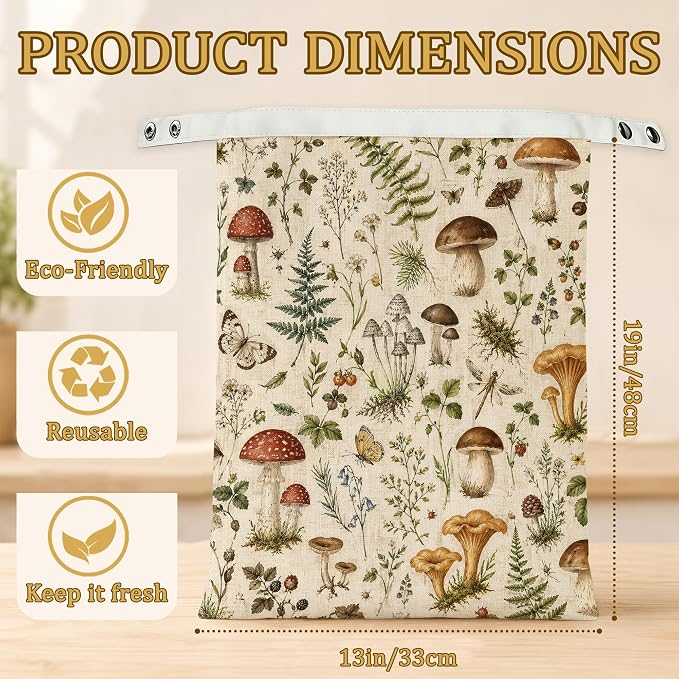 Mushroom Fern Bread Bags for Homemade Bread, Butterfly Garden 2 Pack Linen and Beeswax Sourdough Storage Bags, Reusable Keeper, Keeps Breads Fresh Longer, Gifts for Bakers
