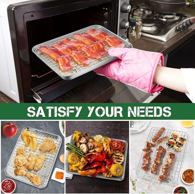 P&P CHEF 10.4 Inch Toaster Oven Pan with Rack Set, Stainless Steel Baking Pan Tray and Grid Cooling Rack for Cooking/Roasting, Dishwasher Safe & Easy to Clean, Non-toxic & Sturdy, (4Pcs)