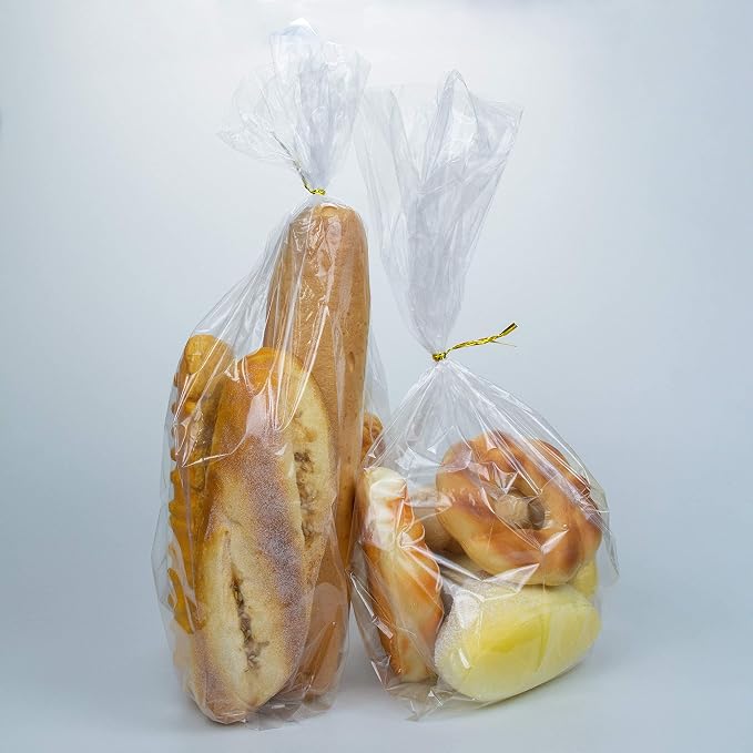 Plastic Bread Bags With Ties, 150 Pcs Printed Loaf Bags for Homemade Bread, Sourdough and Bakery Food - 8x18 Inch with 4" Side Gusset