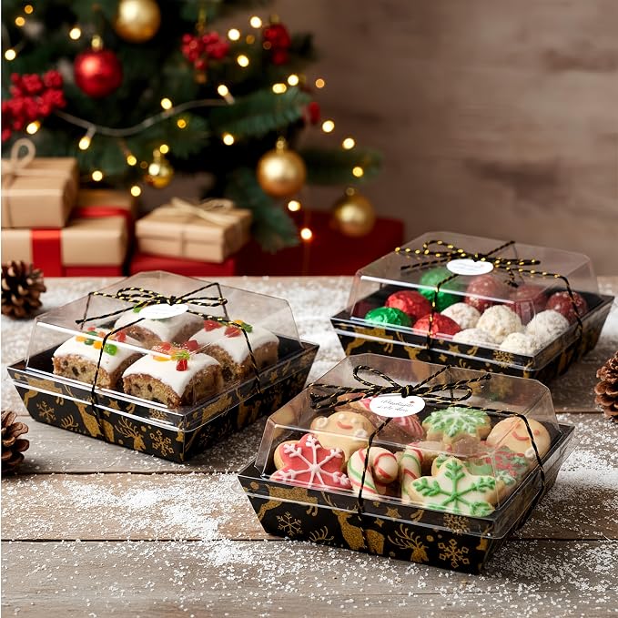 Outus 100 Pack Christmas Charcuterie Boxes with Clear Lids, Paper Dessert Boxes to Go with Gift Tags Rope Disposable Party Favor Treat Food Containers for Cookies, Donuts, Muffins, Salad, and Pastry