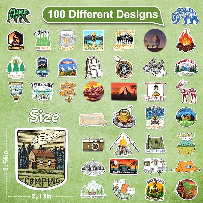 100 Pcs Camping Stickers for Scrapbooking, Waterproof Vinyl Outdoor Adventure Hiking Tent Nature Stickers for Laptops Water Bottles Journals, Decorative Decals for Teens Students Adults