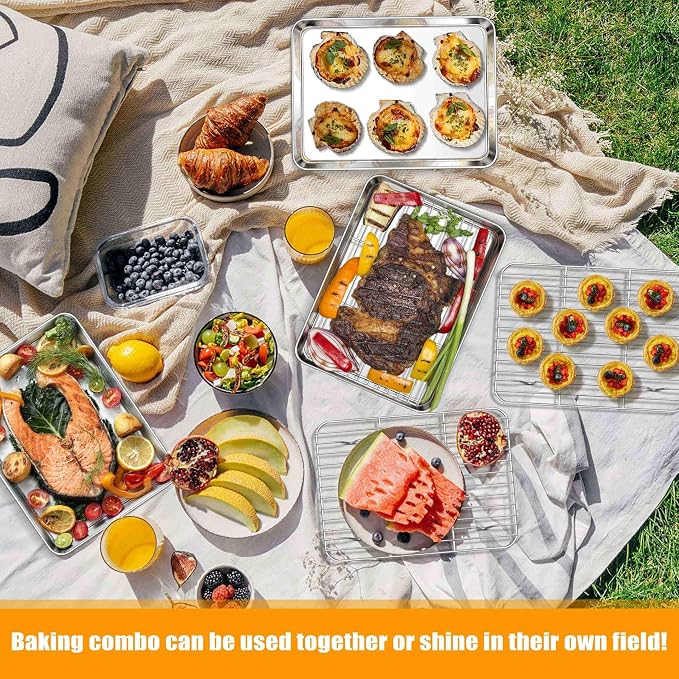 Homikit Baking Sheet with Wire Rack(1 Pan + 1 Rack), 9 x 7 Inches Stainless Steel Small Baking Pan with Cooling Rack, Mini Metal Cookie Bacon Tray for Toaster Oven Baking, Rust Free & Dishwasher Safe