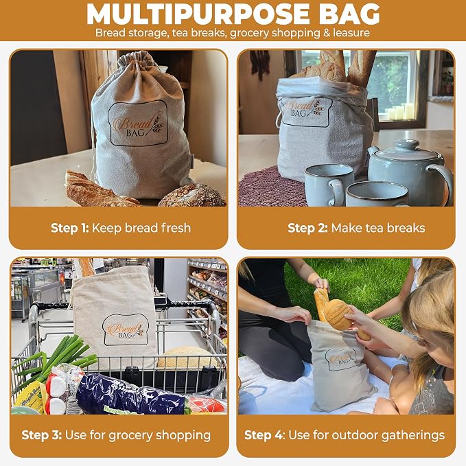 2 Linen Reusable Bread Bags for Homemade & Sourdough Breads with Plastic Liner and Drawstring, Reusable Food Storage 17" x 13" XL