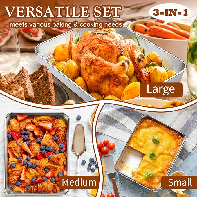 TeamFar Baking Pan Set of 3, 12.5/10.5/9.4 Inch Stainless Steel Deep Sheet Cake Pan for Oven Baking, Rectangle Bakeware Set for Bread/Lasagna/Brownie/Casserole, Healthy & Heavy-Duty, Dishwasher Safe