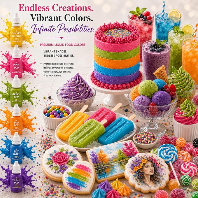 Confect Party Brights Water Color Food Coloring Set – Highly Pigmented Oil Based Food Colors for Cakes, Buttercream, Drinks, Popsicles & Baking – 6 Pack × 10mL