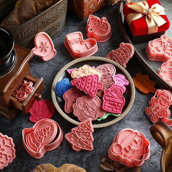 Roshtia 24 Pieces Christmas Cookie Cutters Stamps Mini Embossing 3D Plastic Cookie Stamps Snowman Santa Christmas Tree Reindeer Baking Mold for Xmas Winter Birthday Party Supplies