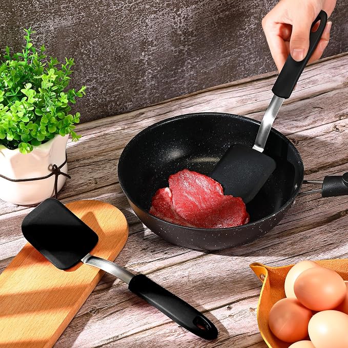 Silicone Cookie Spatula Turner 2 Pack Mini Brownie Spatula Flexible Kitchen Small Silicone Turner for Nonstick Cookware Heat Resistant No Scratch Flipper for Pancake(Solid Flat,Black)