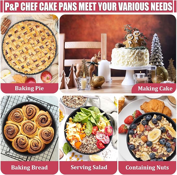 P&P CHEF 8 Inch Cake Pan, Nonstick Round Baking Layer Cake Pans Tins Set for Birthday Wedding, 2.94-Inch Deep Side & One-piece Design, Stainless Steel Core & Easy Clean, Black 4Pcs