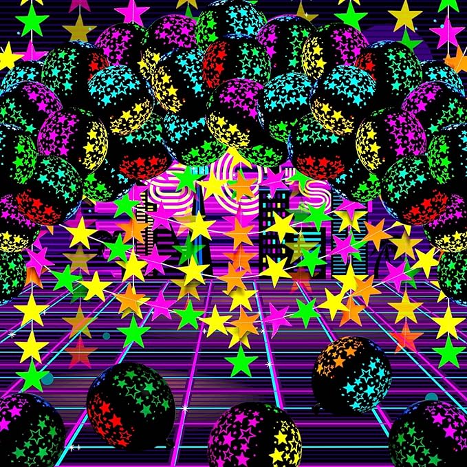 Skylety 32 Pcs Glow in The Dark Party Supplies Neon Party Favors with 25 Fluorescent Balloon 6 Rolls 98.4 ft UV Blacklight Luminous Tape 14.4 ft Neon Streamer Garland for Adults(Cute Star)
