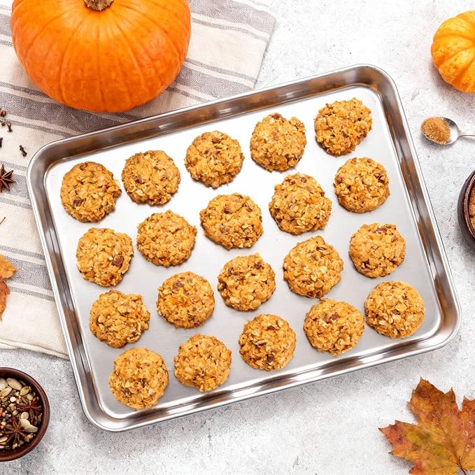 Onader Large Baking Sheet, 18 x 13 Inch Stainless Steel Half Sheet Shallow Baking Pans for Oven, Commercial Metal Cookie Pan Tray for Roasting Cooking, Mirror Finish & Dishwasher Safe, 2-Pack