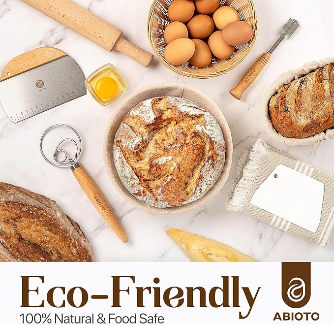ABIOTO Sourdough Bread Baking Kit - 14-Piece Set with 9" Round & 10" Oval Rattan Banneton Proofing Baskets, Liners, Bread Lame, Danish Whisk & Scrapers for Home Bakers