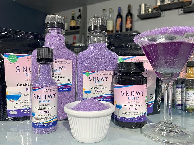 Snowy River Purple Cocktail Sugar - Kosher Certified Naturally Colored Purple Cocktail Rimmer (2oz Bottle, Medium Crystal)