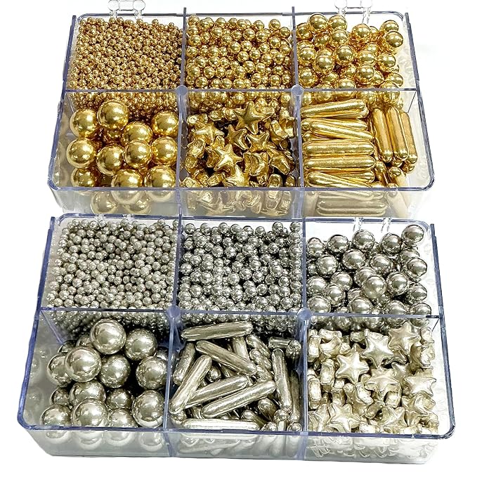 Homipooty Gold and Silver Sugar Sprinkles 260g/9.16oz Edible Gold and Silver Pearl Star Sugar Sprinkles for Cake Decorating Wedding,Cookies,Ice Cream, Cupcake Toppers, Christmas Supplies