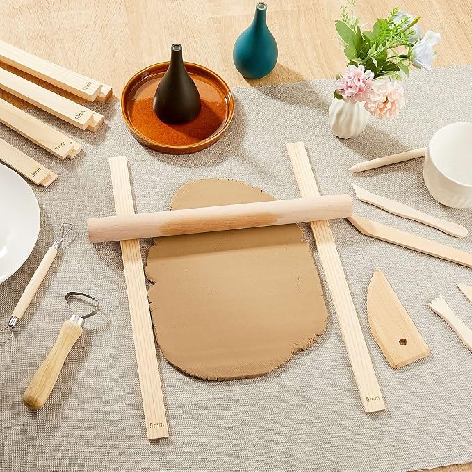 Sasylvia 10 Pcs Clay Pottery Rolling Pin Guides Wood Teaching Rolling Mud Stick Guide Set Polymer Clay Depth Thickness Guide Pottery Mudboard Tools (5 Size,Wood Color)