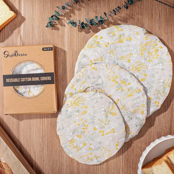Reusable Bowl Covers for Bread Proofing Baking Embroidered Dandelion Linen Cotton Cloth Fabric Washable with Elastic Cover for Food Fruit Salad Eco-friendly (Beige Dandelion)