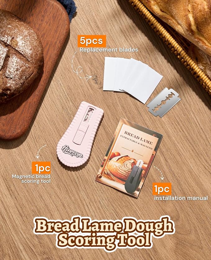 Bread Lame Extractable & Magnetic Dough Scoring Tool with Protective Cover - Easy-to-Use Bread Cutter for Artisan Sourdough, Pizza Dough, and More - Scoring Patterns Booklet & 5 Razor Blades