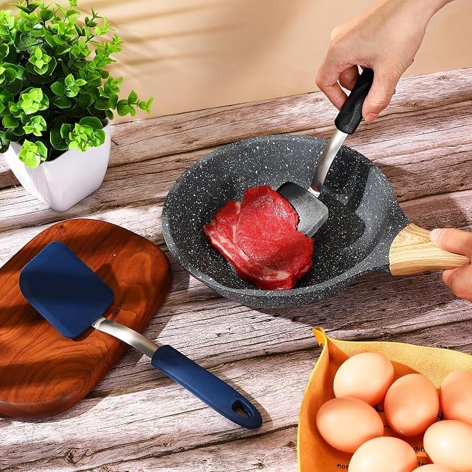 Silicone Cookie Spatula Turner 2 Pack Mini Brownie Spatula Flexible Kitchen Small Silicone Turner for Nonstick Cookware Heat Resistant No Scratch Flipper for Pancake(Solid Flat,Black,Blue)