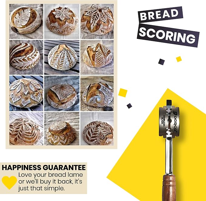 Handcrafted Bread Lame Made of Rich Dark Walnut Wood - Superior Handgrip Design for Easy Use & Clean Cuts - Natural Cork Storage Case with 10 Replaceable Quality Blades