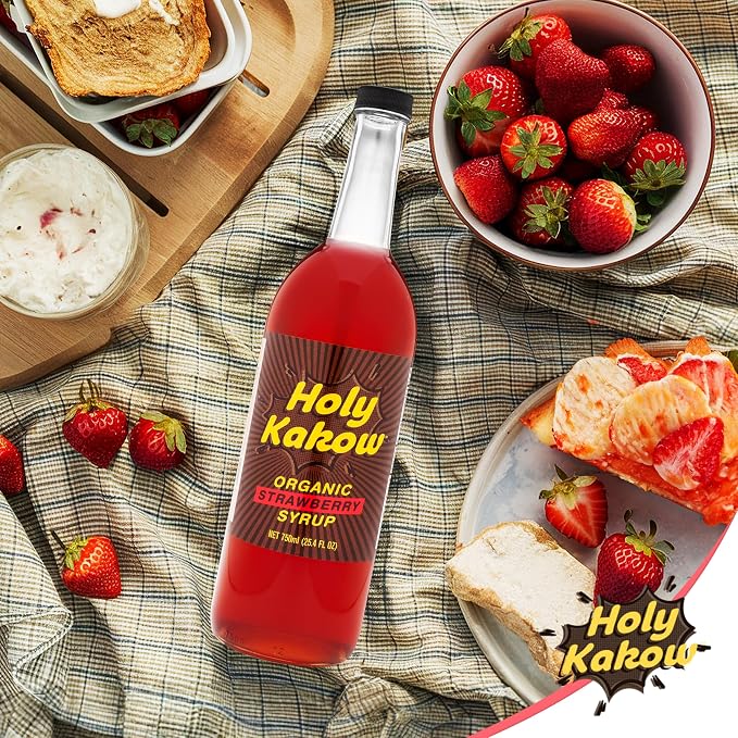 Holy Kakow Organic Strawberry Syrup - Strawberry Fruit Syrup for Hot or Cold Drinks, Dye Free, All-Natural, Simple & Flavorful, Non-GMO, Vegan, Gluten Free - 750 ml