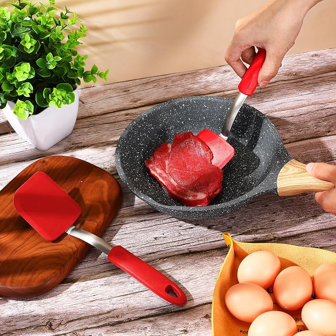 Silicone Cookie Spatula Turner 2 Pack Mini Brownie Spatula Flexible Kitchen Small Silicone Turner for Nonstick Cookware Heat Resistant No Scratch Flipper for Pancake(Solid Flat,Red)