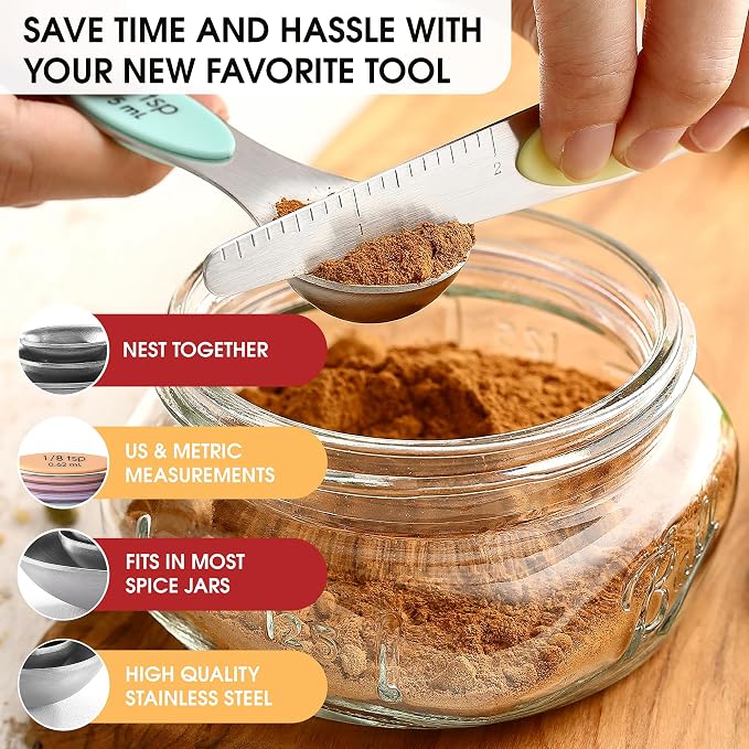 Spring Chef Stainless Steel Magnetic Measuring Cups, Set of 7 & Heavy Duty Magnetic Measuring Spoons, Set of 8 with Leveler - for Dry and Liquid Ingredients - 2 Product Bundle - Pastel