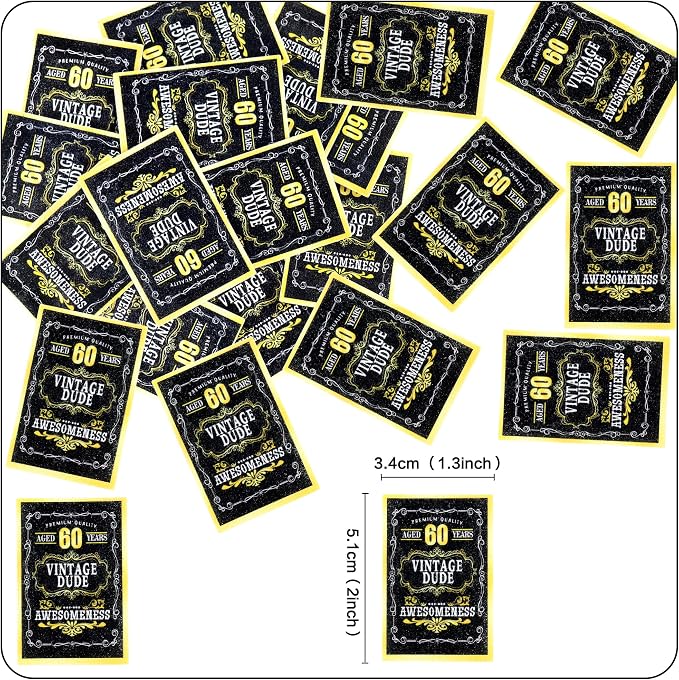40Pcs Edible Rectangle 60th Birthday Card Cupcake Toppers Edible Golden Black 60 Vintage Dude Awesomeness Cupcake Picks Drink Toppers for 60th Vintage Birthday Anniversary Party Decorations