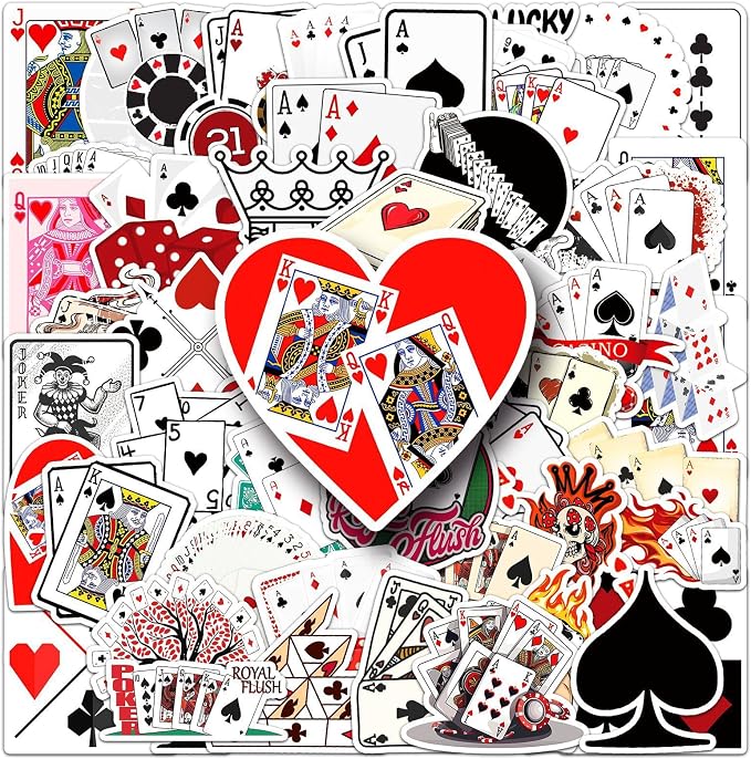 Casino Stickers, 50Pcs Poker Playing Card Dice Gambling Decals Lucky Heart Diamond Club Stickers for Bottle Skateboard Car Luggage Guitar Las Vegas Casino Theme Party Decor Stickers